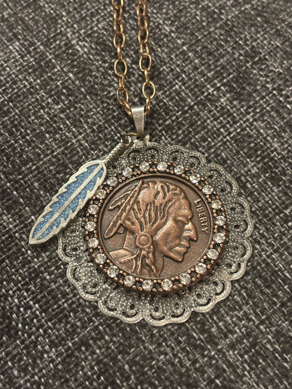 Antique Bronze Indian Head Pendant Necklace with Blue Feather & rhinestones